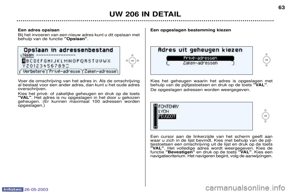 PEUGEOT 206 2003 Instructieboekje (in Dutch) 26-05-2003
UW 206 IN DETAIL
Een adres opslaan Bij het invoeren van een nieuw adres kunt u dit opslaan met behulp van de functie "Opslaan".Een opgeslagen bestemming kiezen
Voer de omschrijving van het PEUGEOT 206 2003 Instructieboekje (in Dutch) 26-05-2003
UW 206 IN DETAIL
Een adres opslaan Bij het invoeren van een nieuw adres kunt u dit opslaan met behulp van de functie "Opslaan".Een opgeslagen bestemming kiezen
Voer de omschrijving van het