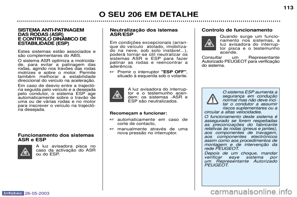 PEUGEOT 206 2003 Manual de utilização (in Portuguese) 26-05-2003
O SEU 206 EM DETALHE
113
SISTEMA ANTI-PATINAGEM DAS RODAS (ASR)
E CONTROLO DINåMICO DE
ESTABILIDADE (ESP) Estes sistemas est‹o associados e
s‹o complementares do ABS.
O sistema ASR o PEUGEOT 206 2003 Manual de utilização (in Portuguese) 26-05-2003
O SEU 206 EM DETALHE
113
SISTEMA ANTI-PATINAGEM DAS RODAS (ASR)
E CONTROLO DINåMICO DE
ESTABILIDADE (ESP) Estes sistemas est‹o associados e
s‹o complementares do ABS.
O sistema ASR o