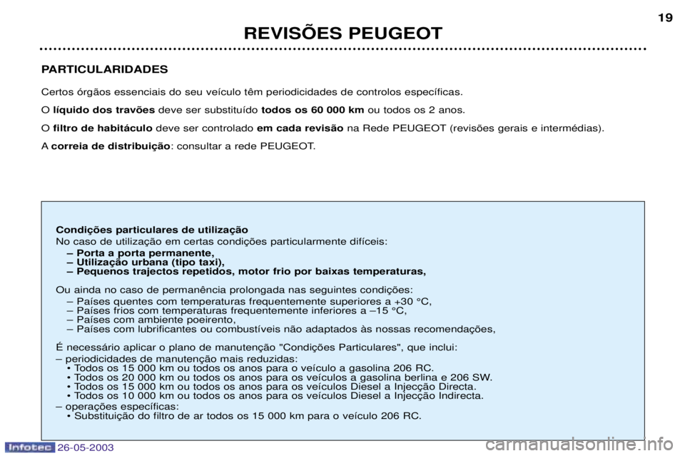 PEUGEOT 206 2003  Manual de utilização (in Portuguese) 26-05-2003
PARTICULARIDADES  O l’quido dos trav›es deve ser substitu’do todos os 60 000 km ou todos os 2 anos. 
O  filtro de habit‡culo deve ser controlado em cada revis‹ona Rede PEUGEOT (re