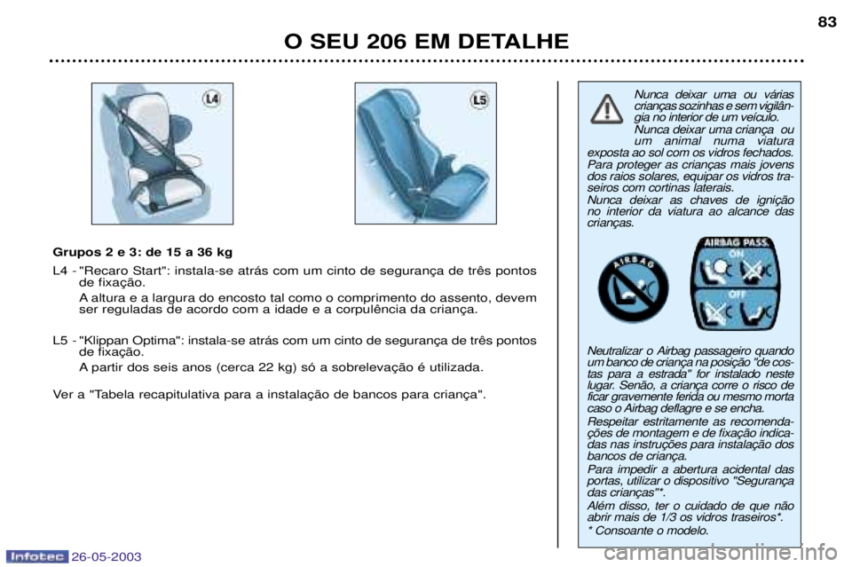 PEUGEOT 206 2003 Manual de utilização (in Portuguese) 26-05-2003
O SEU 206 EM DETALHE83
Nunca deixar uma ou v‡rias gia no interior de um ve’culo. um animal numa viatura
exposta ao sol com os vidros fechados. dos raios solares, equipar os vidros tra PEUGEOT 206 2003 Manual de utilização (in Portuguese) 26-05-2003
O SEU 206 EM DETALHE83
Nunca deixar uma ou v‡rias gia no interior de um ve’culo. um animal numa viatura
exposta ao sol com os vidros fechados. dos raios solares, equipar os vidros tra