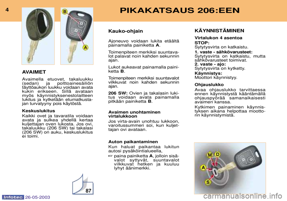 PEUGEOT 206 2003  Omistajan Käsikirja (in Finnish) 87
4PIKAKATSAUS 206:EEN
26-05-2003
AVAIMET 
Avaimella etuovet, takaluukku (sedan) ja polttoainesŠilišntŠyttšaukon luukku voidaan avatakukin erikseen. SillŠ avataanmyšs kŠynnistyksenestolaitteen