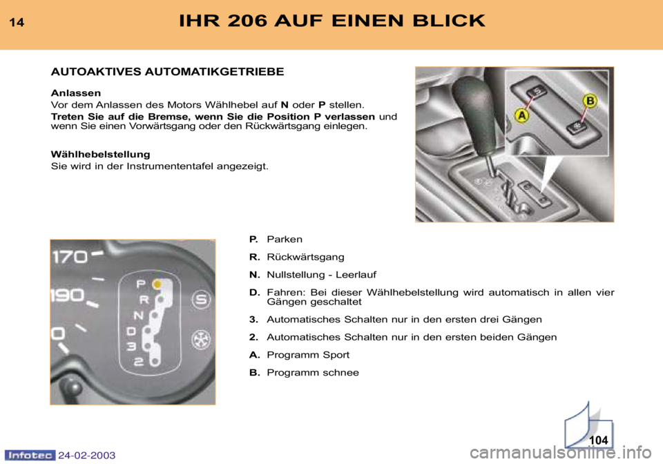 PEUGEOT 206 2002.5 Betriebsanleitungen (in German) 24-02-2003
104
IHR 206 AUF EINEN BLICK14P.Parken
R. Rückwärtsgang
N. Nullstellung - Leerlauf
D. Fahren: Bei dieser Wählhebelstellung wird automatisch in all en vier
Gängen geschaltet
3. Au PEUGEOT 206 2002.5 Betriebsanleitungen (in German) 24-02-2003
104
IHR 206 AUF EINEN BLICK14P.Parken
R. Rückwärtsgang
N. Nullstellung - Leerlauf
D. Fahren: Bei dieser Wählhebelstellung wird automatisch in all en vier
Gängen geschaltet
3. Au