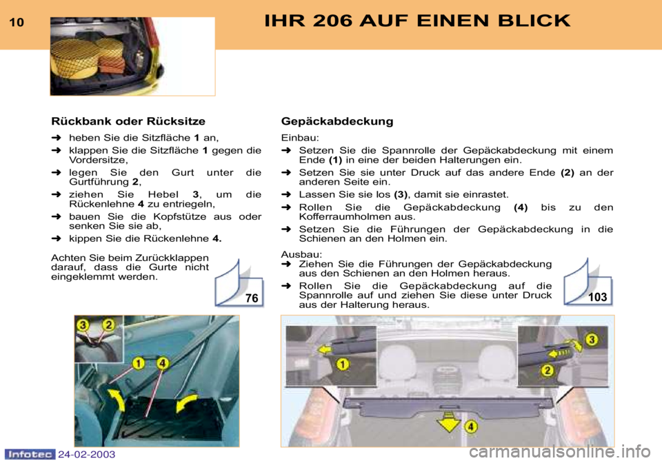 PEUGEOT 206 2002.5 Betriebsanleitungen (in German) Gepäckabdeckung
Einbau: ➜Setzen Sie die Spannrolle der Gepäckabdeckung mit einem
Ende (1)in eine der beiden Halterungen ein.
➜ Setzen Sie sie unter Druck auf das andere Ende PEUGEOT 206 2002.5 Betriebsanleitungen (in German) Gepäckabdeckung
Einbau: ➜Setzen Sie die Spannrolle der Gepäckabdeckung mit einem
Ende (1)in eine der beiden Halterungen ein.
➜ Setzen Sie sie unter Druck auf das andere Ende