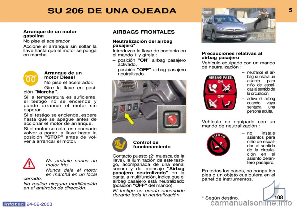PEUGEOT 206 2002.5 Manual del propietario (in Spanish) 108
5SU 206 DE UNA OJEADA
24-02-2003
No embale nunca un motor fr’o. Nunca deje el motor en marcha en un local
cerrado. No realice ninguna modificaci—n en el antirrobo de direcci—n.
Arranque de u PEUGEOT 206 2002.5 Manual del propietario (in Spanish) 108
5SU 206 DE UNA OJEADA
24-02-2003
No embale nunca un motor fr’o. Nunca deje el motor en marcha en un local
cerrado. No realice ninguna modificaci—n en el antirrobo de direcci—n.
Arranque de u