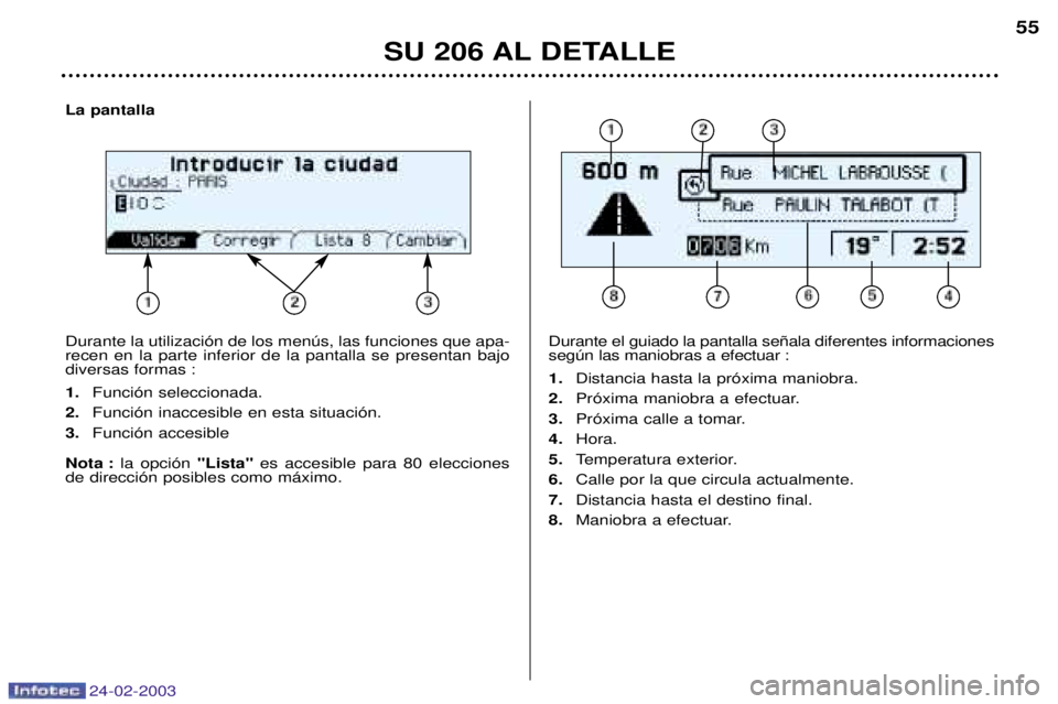 PEUGEOT 206 2002.5 Manual del propietario (in Spanish) 24-02-2003
La pantalla Durante la utilizaci—n de los menœs, las funciones que apa- recen en la parte inferior de la pantalla se presentan bajo
diversas formas : 1.Funci—n seleccionada.
2. Funci PEUGEOT 206 2002.5 Manual del propietario (in Spanish) 24-02-2003
La pantalla Durante la utilizaci—n de los menœs, las funciones que apa- recen en la parte inferior de la pantalla se presentan bajo
diversas formas : 1.Funci—n seleccionada.
2. Funci