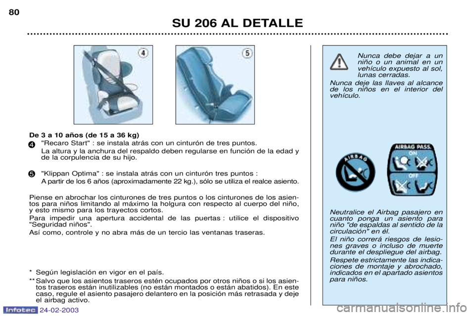PEUGEOT 206 2002.5 Manual del propietario (in Spanish) 24-02-2003
SU 206 AL DETALLE
80
De 3 a 10 a–os (de 15 a 36 kg)"Recaro Start" : se instala atr‡s con un cintur—n de tres puntos. La altura y la anchura del respaldo deben regularse en funci—n d PEUGEOT 206 2002.5 Manual del propietario (in Spanish) 24-02-2003
SU 206 AL DETALLE
80
De 3 a 10 a–os (de 15 a 36 kg)"Recaro Start" : se instala atr‡s con un cintur—n de tres puntos. La altura y la anchura del respaldo deben regularse en funci—n d