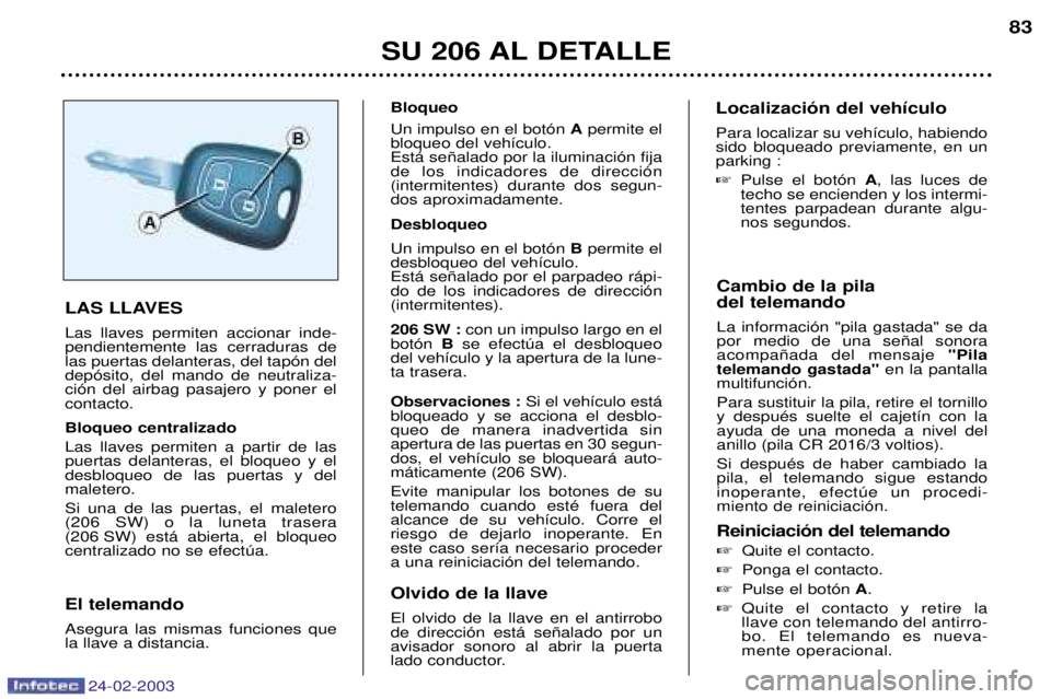 PEUGEOT 206 2002.5 Manual del propietario (in Spanish) 24-02-2003
SU 206 AL DETALLE83
Cambio de la pila del telemando La informaci—n "pila gastada" se da por medio de una se–al sonoraacompa–ada del mensaje "Pila
telemando gastada" en la pantalla
m PEUGEOT 206 2002.5 Manual del propietario (in Spanish) 24-02-2003
SU 206 AL DETALLE83
Cambio de la pila del telemando La informaci—n "pila gastada" se da por medio de una se–al sonoraacompa–ada del mensaje "Pila
telemando gastada" en la pantalla
m