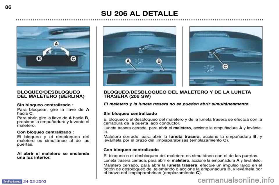 PEUGEOT 206 2002.5 Manual del propietario (in Spanish) 24-02-2003
SU 206 AL DETALLE
86
BLOQUEO/DESBLOQUEO
DEL MALETERO (BERLINA) Sin bloqueo centralizado :
Para bloquear, gire la llave de A
hacia C.
Para abrir, gire la llave de Ahacia B,
presione la PEUGEOT 206 2002.5 Manual del propietario (in Spanish) 24-02-2003
SU 206 AL DETALLE
86
BLOQUEO/DESBLOQUEO
DEL MALETERO (BERLINA) Sin bloqueo centralizado :
Para bloquear, gire la llave de A
hacia C.
Para abrir, gire la llave de Ahacia B,
presione la