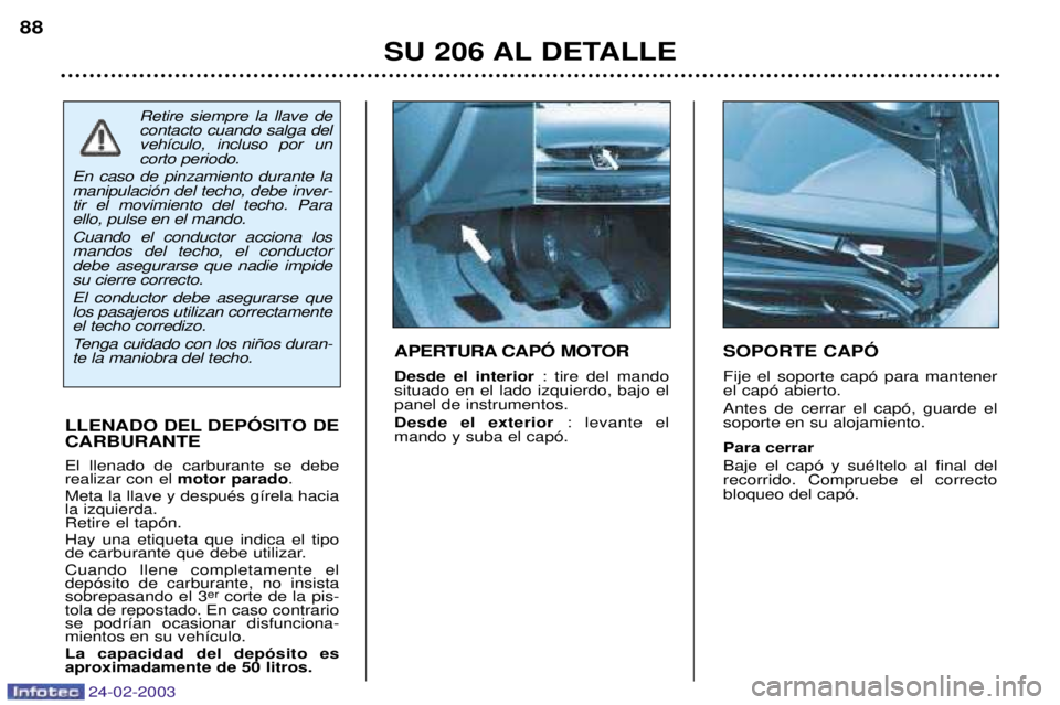 PEUGEOT 206 2002.5  Manual del propietario (in Spanish) 24-02-2003
SU 206 AL DETALLE
88
SOPORTE CAPî Fije el soporte cap— para mantener el cap— abierto. Antes de cerrar el cap—, guarde el soporte en su alojamiento. Para cerrar Baje el cap— y suŽl