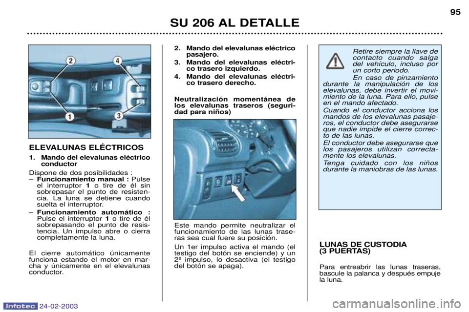 PEUGEOT 206 2002.5  Manual del propietario (in Spanish) 24-02-2003
SU 206 AL DETALLE
95
LUNAS DE CUSTODIA 
(3 PUERTAS) Para entreabrir las lunas traseras, bascule la palanca y despuŽs empujela luna.
ELEVALUNAS ELƒCTRICOS
1.Mando del elevalunas elŽctrico