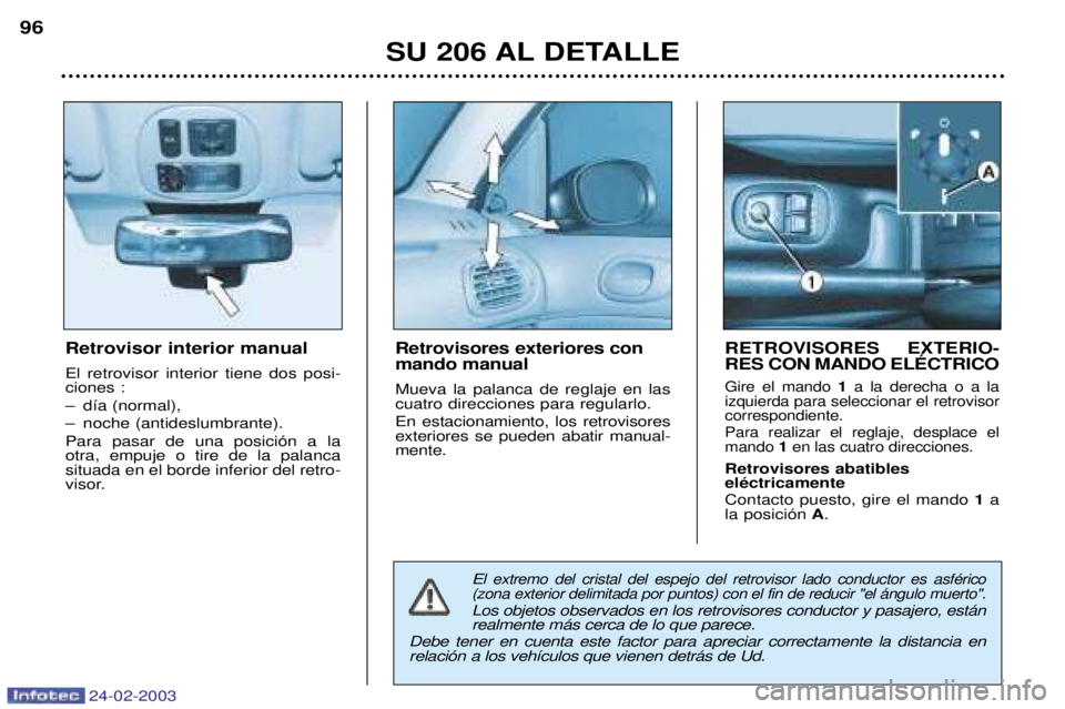 PEUGEOT 206 2002.5  Manual del propietario (in Spanish) 24-02-2003
SU 206 AL DETALLE
96
Retrovisor interior manual El retrovisor interior tiene dos posi- ciones : 
Ð d’a (normal),
Ð noche (antideslumbrante).Para pasar de una posici—n a la otra, empuj