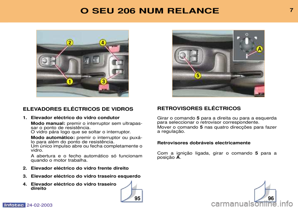 PEUGEOT 206 2002.5 Manual de utilização (in Portuguese) 24-02-2003
9596
ELEVADORES ELƒCTRICOS DE VIDROS
1. Elevador elŽctrico do vidro condutorModo manual: premir o interruptor sem ultrapas-
O vidro p‡ra logo que se soltar o interruptor. Modo autom PEUGEOT 206 2002.5 Manual de utilização (in Portuguese) 24-02-2003
9596
ELEVADORES ELƒCTRICOS DE VIDROS
1. Elevador elŽctrico do vidro condutorModo manual: premir o interruptor sem ultrapas-
O vidro p‡ra logo que se soltar o interruptor. Modo autom