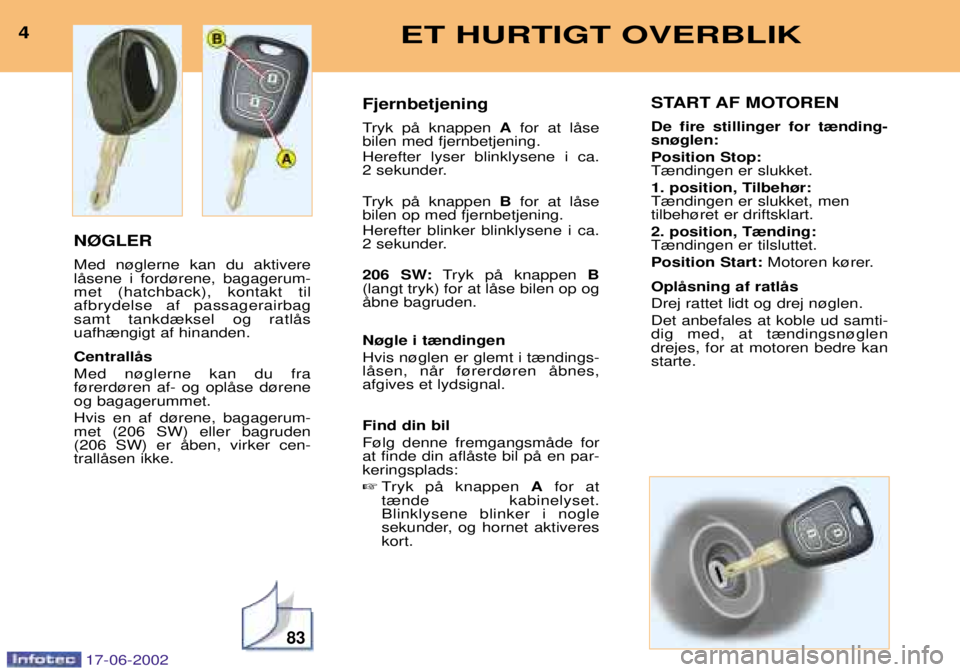 PEUGEOT 206 2002 Brugsanvisning (in Danish) 83
4ET HURTIGT OVERBLIK
N¯GLER Med n¿glerne kan du aktivere lŒsene i ford¿rene, bagagerum-met (hatchback), kontakt tilafbrydelse af passagerairbagsamt tankd¾ksel og ratlŒsuafh¾ngigt af hinanden PEUGEOT 206 2002 Brugsanvisning (in Danish) 83
4ET HURTIGT OVERBLIK
N¯GLER Med n¿glerne kan du aktivere lŒsene i ford¿rene, bagagerum-met (hatchback), kontakt tilafbrydelse af passagerairbagsamt tankd¾ksel og ratlŒsuafh¾ngigt af hinanden