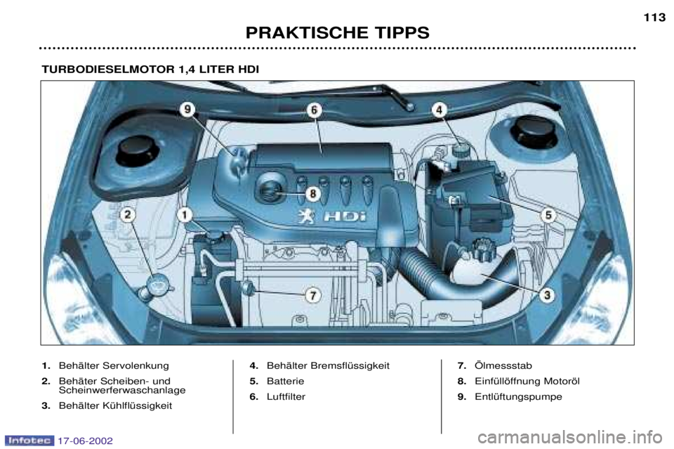PEUGEOT 206 2002 Betriebsanleitungen (in German) PRAKTISCHE TIPPS113
1.
BehŠlter Servolenkung
2. BehŠter Scheiben- und Scheinwerferwaschanlage
3. BehŠlter KŸhlflŸssigkeit 4.
BehŠlter BremsflŸssigkeit
5. Batterie
6. Luftfilter 7.
…lmessstab
PEUGEOT 206 2002 Betriebsanleitungen (in German) PRAKTISCHE TIPPS113
1.
BehŠlter Servolenkung
2. BehŠter Scheiben- und Scheinwerferwaschanlage
3. BehŠlter KŸhlflŸssigkeit 4.
BehŠlter BremsflŸssigkeit
5. Batterie
6. Luftfilter 7.
…lmessstab