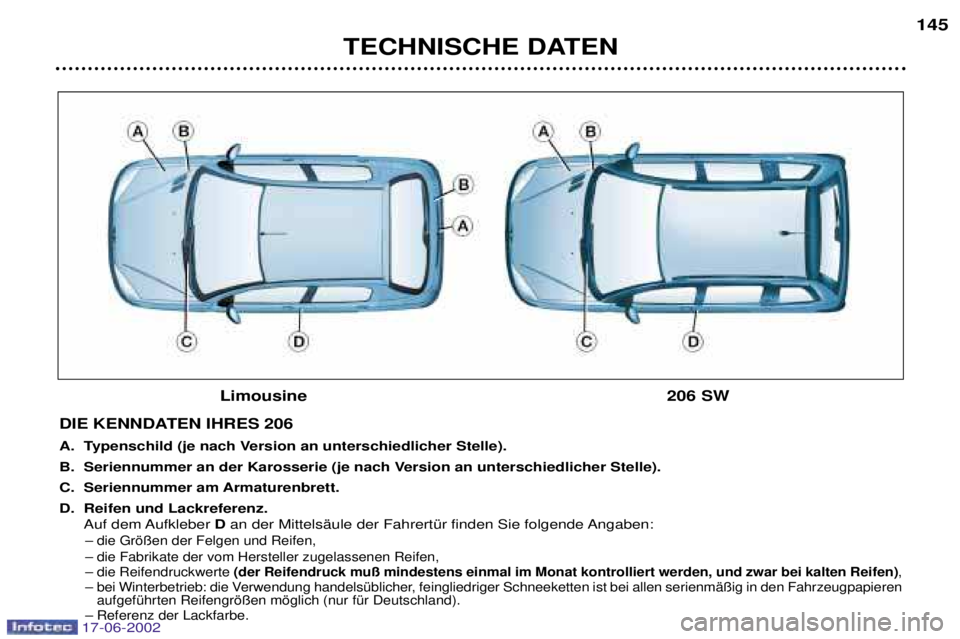 PEUGEOT 206 2002  Betriebsanleitungen (in German) TECHNISCHE DATEN145
DIE KENNDATEN IHRES 206 
A. Typenschild (je nach Version an unterschiedlicher Stelle). 
B. Seriennummer an der Karosserie (je nach Version an unterschiedlicher Stelle).
C. Seriennu