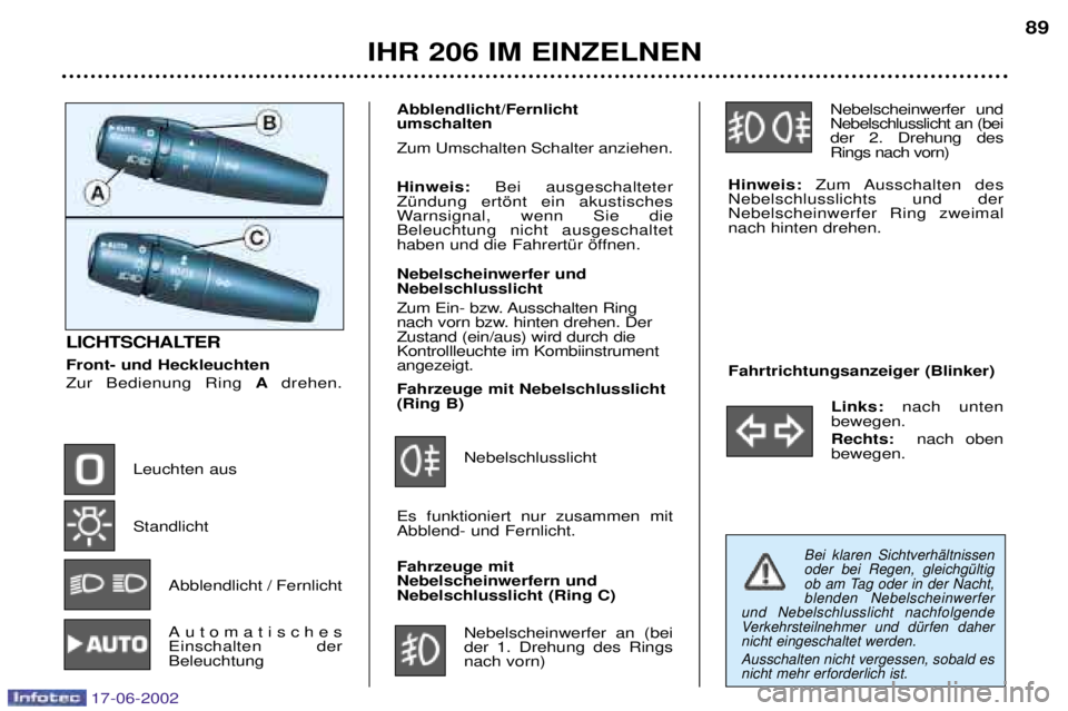 PEUGEOT 206 2002 Betriebsanleitungen (in German) IHR 206 IM EINZELNEN89
LICHTSCHALTER Front- und Heckleuchten Zur Bedienung Ring
Adrehen.
Leuchten aus Standlicht Abblendlicht / Fernlicht
Automatisches Einschalten derBeleuchtung Fahrzeuge mit Nebels PEUGEOT 206 2002 Betriebsanleitungen (in German) IHR 206 IM EINZELNEN89
LICHTSCHALTER Front- und Heckleuchten Zur Bedienung Ring
Adrehen.
Leuchten aus Standlicht Abblendlicht / Fernlicht
Automatisches Einschalten derBeleuchtung Fahrzeuge mit Nebels