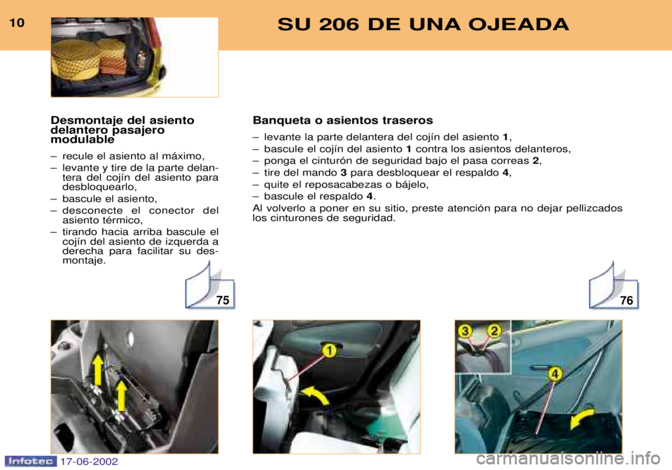 PEUGEOT 206 2002  Manual del propietario (in Spanish) 7675
10SU 206 DE UNA OJEADA
Banqueta o asientos traseros 
Ð levante la parte delantera del coj’n del asiento 1,
Ð bascule el coj’n del asiento  1contra los asientos delanteros,
Ð ponga el cintu