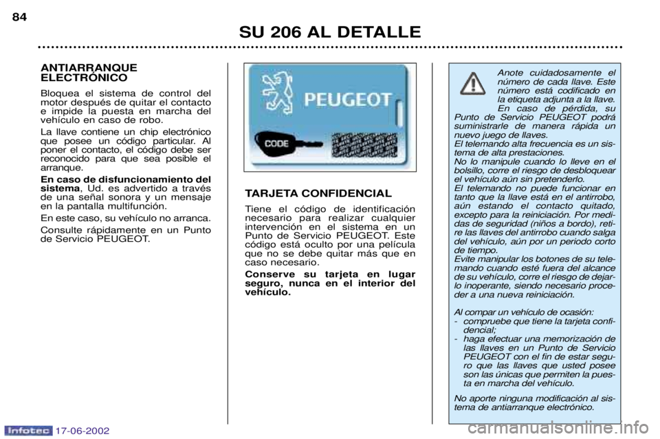 PEUGEOT 206 2002 Manual del propietario (in Spanish) 17-06-2002
SU 206 AL DETALLE
84
Anote cuidadosamente el nœmero de cada llave. Estenœmero est‡ codificado enla etiqueta adjunta a la llave.En caso de pŽrdida, su
Punto de Servicio PEUGEOT podr‡s PEUGEOT 206 2002 Manual del propietario (in Spanish) 17-06-2002
SU 206 AL DETALLE
84
Anote cuidadosamente el nœmero de cada llave. Estenœmero est‡ codificado enla etiqueta adjunta a la llave.En caso de pŽrdida, su
Punto de Servicio PEUGEOT podr‡s