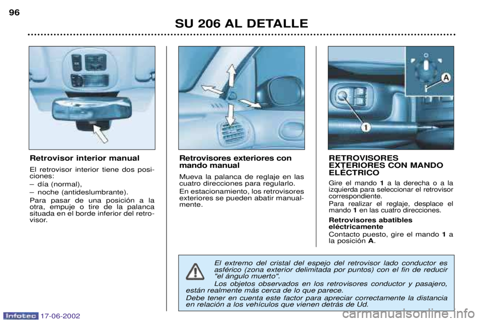 PEUGEOT 206 2002 Manual del propietario (in Spanish) 17-06-2002
SU 206 AL DETALLE
96
Retrovisor interior manual El retrovisor interior tiene dos posi- ciones:
Ð d’a (normal),
Ð noche (antideslumbrante).Para pasar de una posici—n a la otra, empuje PEUGEOT 206 2002 Manual del propietario (in Spanish) 17-06-2002
SU 206 AL DETALLE
96
Retrovisor interior manual El retrovisor interior tiene dos posi- ciones:
Ð d’a (normal),
Ð noche (antideslumbrante).Para pasar de una posici—n a la otra, empuje