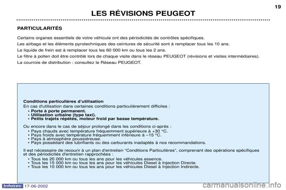 PEUGEOT 206 2002 Manuel du propriétaire (in French) PARTICULARITƒS Certains organes essentiels de votre vŽhicule ont des pŽriodicitŽs de contr™les spŽcifiques. Les airbags et les ŽlŽments pyrotechniques des ceintures de sŽcuritŽ sont ˆ rem PEUGEOT 206 2002 Manuel du propriétaire (in French) PARTICULARITƒS Certains organes essentiels de votre vŽhicule ont des pŽriodicitŽs de contr™les spŽcifiques. Les airbags et les ŽlŽments pyrotechniques des ceintures de sŽcuritŽ sont ˆ rem