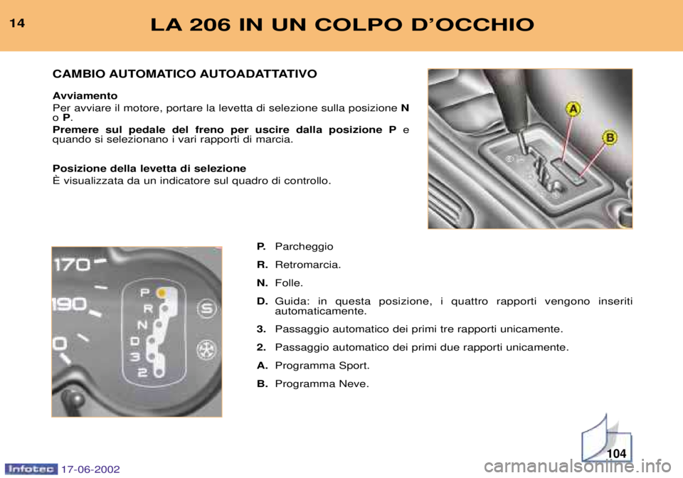PEUGEOT 206 2002 Manuale duso (in Italian) 104
LA 206 IN UN COLPO DÕOCCHIO14P.Parcheggio
R. Retromarcia.
N. Folle.
D. Guida: in questa posizione, i quattro rapporti vengono inseriti automaticamente.
3. Passaggio automatico dei primi tre rapp PEUGEOT 206 2002 Manuale duso (in Italian) 104
LA 206 IN UN COLPO DÕOCCHIO14P.Parcheggio
R. Retromarcia.
N. Folle.
D. Guida: in questa posizione, i quattro rapporti vengono inseriti automaticamente.
3. Passaggio automatico dei primi tre rapp
