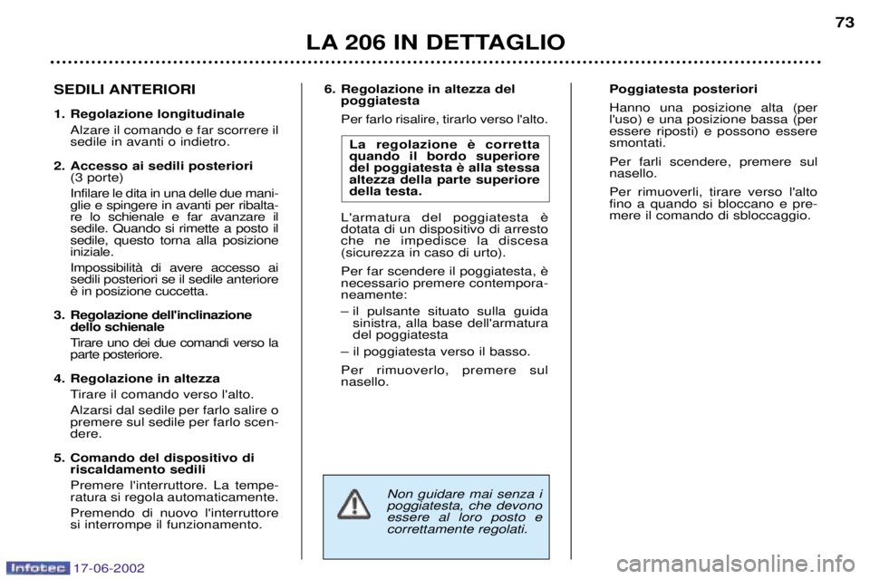 PEUGEOT 206 2002 Manuale duso (in Italian) 17-06-2002
LA 206 IN DETTAGLIO73
6. Regolazione in altezza del
poggiatesta Per farlo risalire, tirarlo verso lalto.
quando il bordo superiorealtezza della parte superioredella testa.
dotata di un d PEUGEOT 206 2002 Manuale duso (in Italian) 17-06-2002
LA 206 IN DETTAGLIO73
6. Regolazione in altezza del
poggiatesta Per farlo risalire, tirarlo verso lalto.
quando il bordo superiorealtezza della parte superioredella testa.
dotata di un d