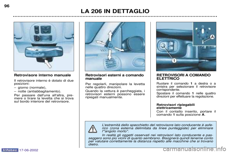 PEUGEOT 206 2002 Manuale duso (in Italian) 17-06-2002
LA 206 IN DETTAGLIO
96
Retrovisore interno manuale posizioni:
Ð giorno (normale),
Ð notte (antiabbagliamento).Per passare dalluna allaltra, pre- mere o tirare la levetta che si trovas PEUGEOT 206 2002 Manuale duso (in Italian) 17-06-2002
LA 206 IN DETTAGLIO
96
Retrovisore interno manuale posizioni:
Ð giorno (normale),
Ð notte (antiabbagliamento).Per passare dalluna allaltra, pre- mere o tirare la levetta che si trovas
