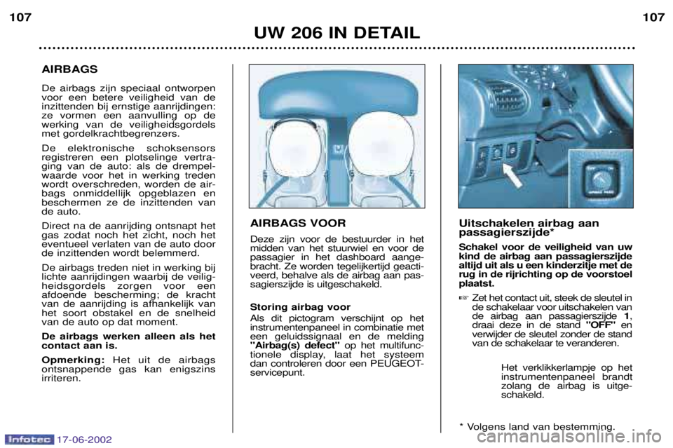 PEUGEOT 206 2002 Instructieboekje (in Dutch) 17-06-2002
UW 206 IN DETAIL
107
107
AIRBAGS VOOR Deze zijn voor de bestuurder in het midden van het stuurwiel en voor depassagier in het dashboard aange-bracht. Ze worden tegelijkertijd geacti-veerd, PEUGEOT 206 2002 Instructieboekje (in Dutch) 17-06-2002
UW 206 IN DETAIL
107
107
AIRBAGS VOOR Deze zijn voor de bestuurder in het midden van het stuurwiel en voor depassagier in het dashboard aange-bracht. Ze worden tegelijkertijd geacti-veerd,