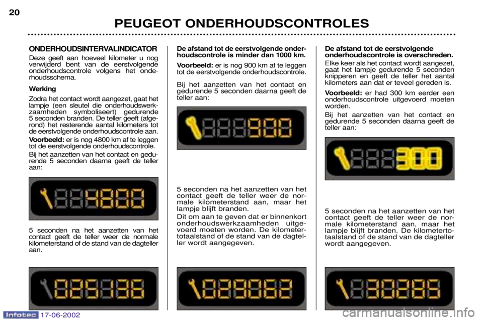 PEUGEOT 206 2002 Instructieboekje (in Dutch) 17-06-2002
ONDERHOUDSINTERVALINDICATOR
Deze geeft aan hoeveel kilometer u nog verwijderd bent van de eerstvolgendeonderhoudscontrole volgens het onde-rhoudsschema.
Werking Zodra het contact wordt aan PEUGEOT 206 2002 Instructieboekje (in Dutch) 17-06-2002
ONDERHOUDSINTERVALINDICATOR
Deze geeft aan hoeveel kilometer u nog verwijderd bent van de eerstvolgendeonderhoudscontrole volgens het onde-rhoudsschema.
Werking Zodra het contact wordt aan