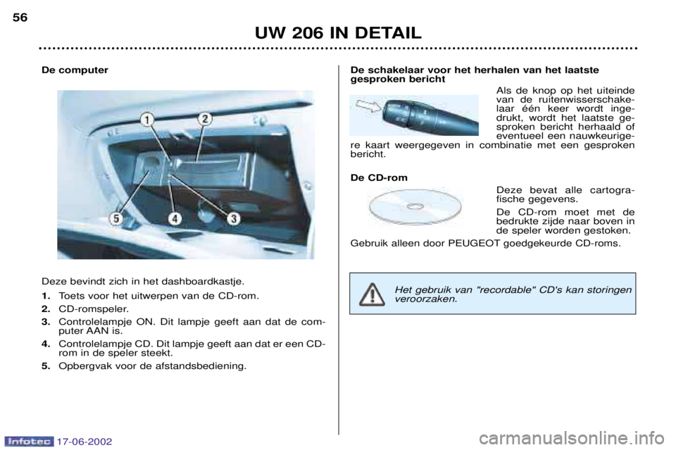 PEUGEOT 206 2002 Instructieboekje (in Dutch) 17-06-2002
UW 206 IN DETAIL
56
De computer Deze bevindt zich in het dashboardkastje. 1.
Toets voor het uitwerpen van de CD-rom.
2. CD-romspeler.
3. Controlelampje ON. Dit lampje geeft aan dat de com- PEUGEOT 206 2002 Instructieboekje (in Dutch) 17-06-2002
UW 206 IN DETAIL
56
De computer Deze bevindt zich in het dashboardkastje. 1.
Toets voor het uitwerpen van de CD-rom.
2. CD-romspeler.
3. Controlelampje ON. Dit lampje geeft aan dat de com-