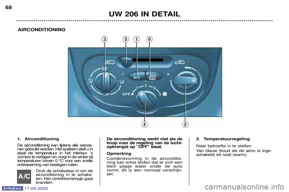 PEUGEOT 206 2002 Instructieboekje (in Dutch) 17-06-2002
UW 206 IN DETAIL
68
AIRCONDITIONING
1. Airconditioning De airconditioning kan tijdens alle seizoe- nen gebruikt worden. Het systeem stelt u instaat de temperatuur in het interieur `szomers PEUGEOT 206 2002 Instructieboekje (in Dutch) 17-06-2002
UW 206 IN DETAIL
68
AIRCONDITIONING
1. Airconditioning De airconditioning kan tijdens alle seizoe- nen gebruikt worden. Het systeem stelt u instaat de temperatuur in het interieur `szomers