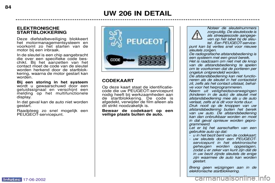 PEUGEOT 206 2002 Instructieboekje (in Dutch) 17-06-2002
UW 206 IN DETAIL
84
Noteer de sleutelnummers zorgvuldig. De sleutelcode isals streepjescode aangege-ven op het label bij de sleu-
tel . Een PEUGEOT-service-
punt kan bij verlies snel voor n PEUGEOT 206 2002 Instructieboekje (in Dutch) 17-06-2002
UW 206 IN DETAIL
84
Noteer de sleutelnummers zorgvuldig. De sleutelcode isals streepjescode aangege-ven op het label bij de sleu-
tel . Een PEUGEOT-service-
punt kan bij verlies snel voor n