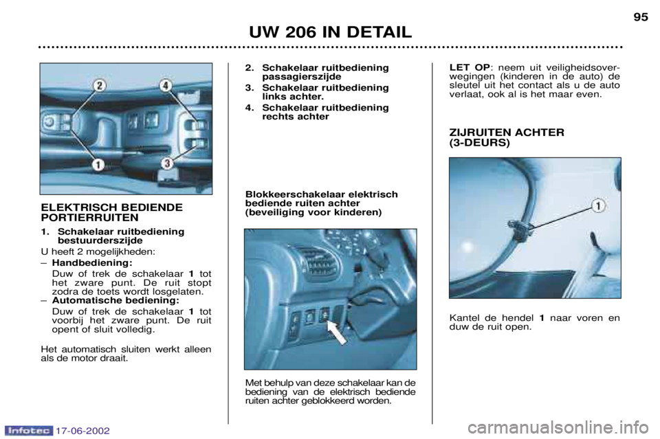 PEUGEOT 206 2002  Instructieboekje (in Dutch) 17-06-2002
UW 206 IN DETAIL95
ZIJRUITEN ACHTER  (3-DEURS) Kantel de hendel  1naar voren en
duw de ruit open.
ELEKTRISCH BEDIENDE PORTIERRUITEN 
1. Schakelaar ruitbediening  bestuurderszijde
U heeft 2 