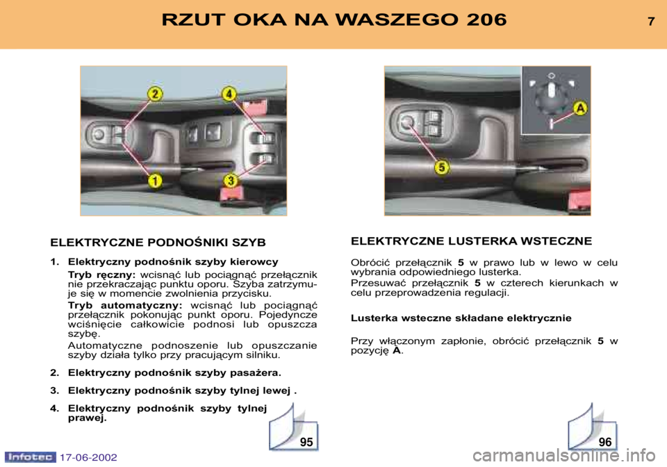 PEUGEOT 206 2002 Instrukcja obsługi (in Polish) 9596
ELEKTRYCZNE PODNOŚNIKI SZYB
1. Elektryczny podnośnik szyby kierowcyTryb ręczny: wcisnąć lub pociągnąć przełącznik
nie przekraczając punktu oporu. Szyba zatrzymu-
je się w momenc PEUGEOT 206 2002 Instrukcja obsługi (in Polish) 9596
ELEKTRYCZNE PODNOŚNIKI SZYB
1. Elektryczny podnośnik szyby kierowcyTryb ręczny: wcisnąć lub pociągnąć przełącznik
nie przekraczając punktu oporu. Szyba zatrzymu-
je się w momenc