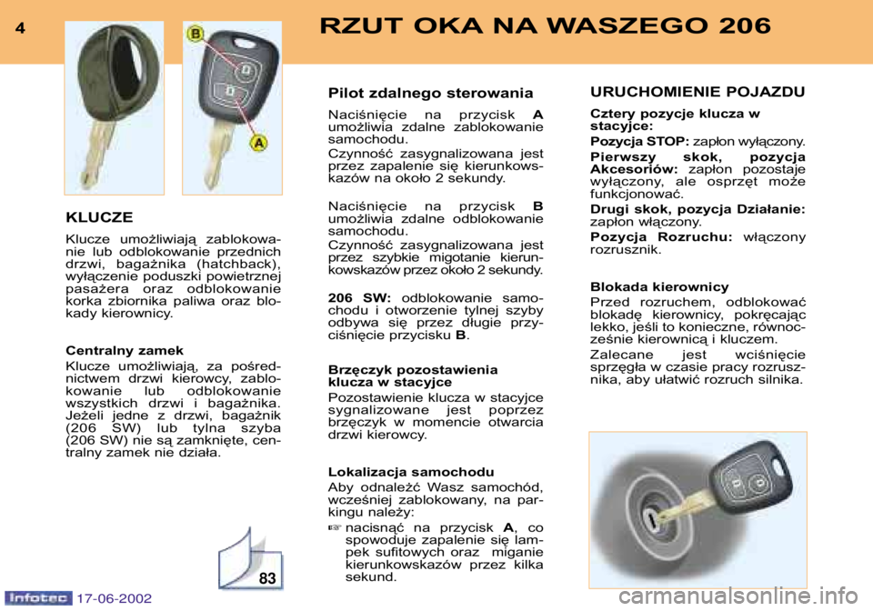 PEUGEOT 206 2002  Instrukcja obsługi (in Polish) 83
4RZUT OKA NA WASZEGO 206
KLUCZE 
Klucze  umożliwiają  zablokowa- 
nie  lub  odblokowanie  przednich
drzwi,  bagażnika  (hatchback),
wyłączenie  poduszki  powietrznej
pasażera  oraz  odblokowa