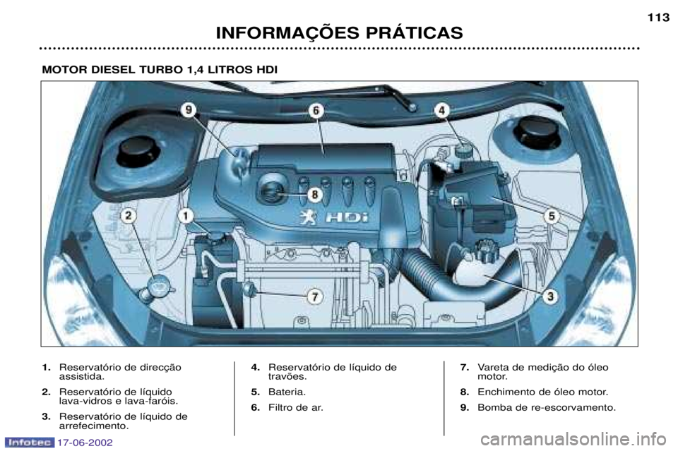 PEUGEOT 206 2002  Manual de utilização (in Portuguese) 17-06-2002
INFORMA‚ÍES PRçTICAS113
1.
 assistida.
2. Reservat—rio de l’quido lava-vidros e lava-far—is.
3. Reservat—rio de l’quido dearrefecimento. 4.
Reservat—rio de l’quido detrav