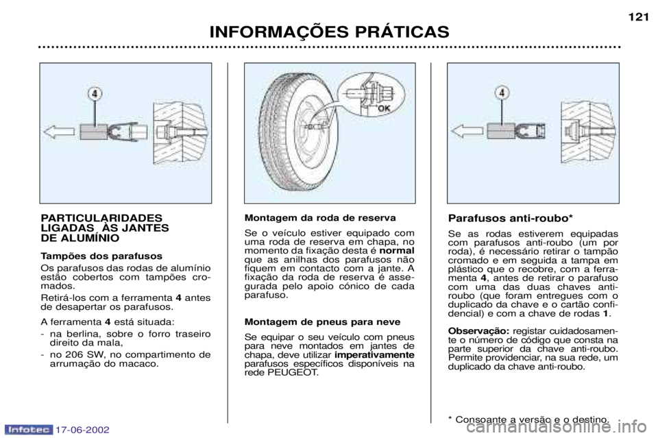 PEUGEOT 206 2002 Manual de utilização (in Portuguese) 17-06-2002
INFORMA‚ÍES PRçTICAS121
PARTICULARIDADES LIGADAS ËS JANTES DE ALUMêNIO
Tamp›es dos parafusos Os parafusos das rodas de alum’nio est‹o cobertos com tamp›es cro-mados. Retir PEUGEOT 206 2002 Manual de utilização (in Portuguese) 17-06-2002
INFORMA‚ÍES PRçTICAS121
PARTICULARIDADES LIGADAS ËS JANTES DE ALUMêNIO
Tamp›es dos parafusos Os parafusos das rodas de alum’nio est‹o cobertos com tamp›es cro-mados. Retir