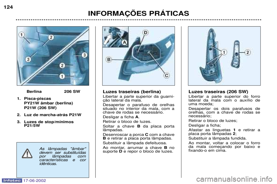 PEUGEOT 206 2002 Manual de utilização (in Portuguese) 17-06-2002
INFORMA‚ÍES PRçTICAS
124
Luzes traseiras (berlina) Libertar a parte superior da guarni- Desapertar o parafuso de orelhas situado no interior da mala, com achave de rodas se necess‡ri PEUGEOT 206 2002 Manual de utilização (in Portuguese) 17-06-2002
INFORMA‚ÍES PRçTICAS
124
Luzes traseiras (berlina) Libertar a parte superior da guarni- Desapertar o parafuso de orelhas situado no interior da mala, com achave de rodas se necess‡ri