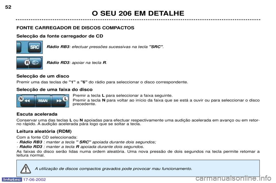 PEUGEOT 206 2002  Manual de utilização (in Portuguese) 17-06-2002
FONTE CARREGADOR DE DISCOS COMPACTOS R‡dio RB3: efectuar press›es sucessivas na tecla  "SRC".
R‡dio RD3 : apoiar na tecla  R.
 Premir uma das teclas de  "1"a "6" do r‡dio para selec