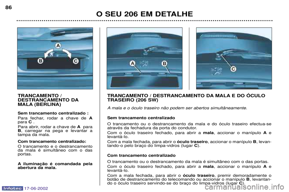 PEUGEOT 206 2002 Manual de utilização (in Portuguese) 17-06-2002
O SEU 206 EM DETALHE
86
TRANCAMENTO /
DESTRANCAMENTO DA
MALA (BERLINA) Sem trancamento centralizado :
Para fechar, rodar a chave de A
para C.
Para abrir, rodar a chave de Apara
B , ca PEUGEOT 206 2002 Manual de utilização (in Portuguese) 17-06-2002
O SEU 206 EM DETALHE
86
TRANCAMENTO /
DESTRANCAMENTO DA
MALA (BERLINA) Sem trancamento centralizado :
Para fechar, rodar a chave de A
para C.
Para abrir, rodar a chave de Apara
B , ca