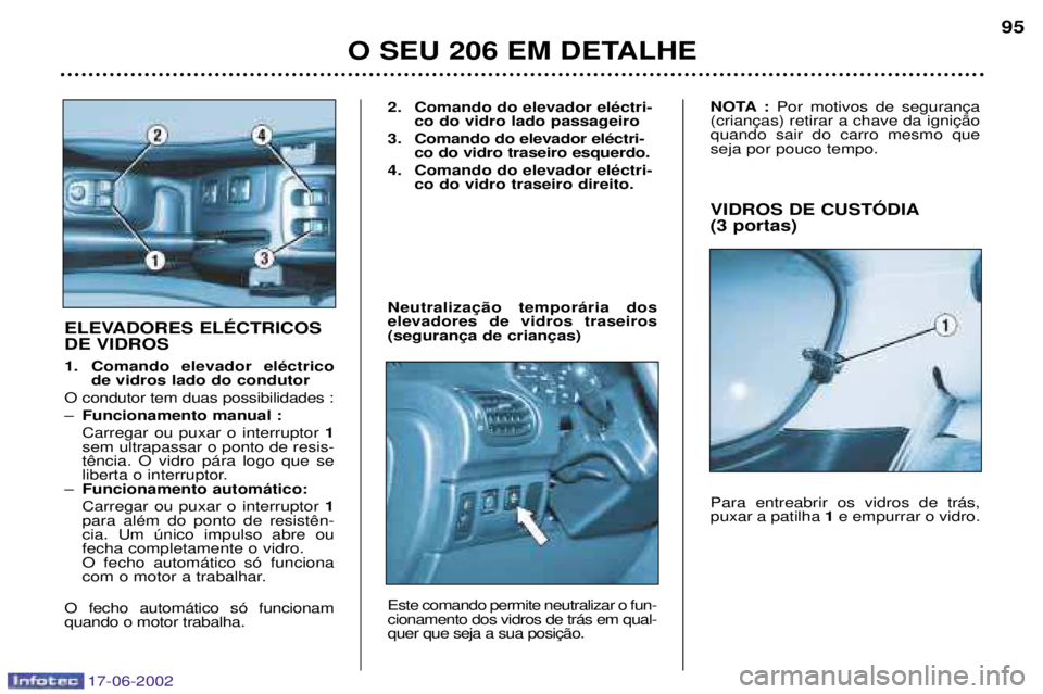 PEUGEOT 206 2002  Manual de utilização (in Portuguese) 17-06-2002
O SEU 206 EM DETALHE95
VIDROS DE CUSTîDIA (3 portas) Para entreabrir os vidros de tr‡s, puxar a patilha  1e empurrar o vidro.
ELEVADORES ELƒCTRICOS DE VIDROS 
1. Comando elevador elŽct