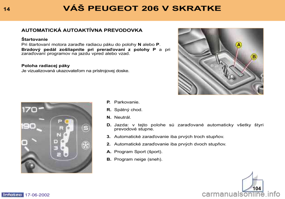 PEUGEOT 206 2002 Návod na použitie (in Slovakian) 104
VÁŠ PEUGEOT 206 V SKRATKE14P.Parkovanie.
R. Spätný chod.
N. Neutrál.
D. Jazda: v tejto polohe sú zaraďované automaticky všetky štyri
prevodové stupne.
3. Automatické zaraďova PEUGEOT 206 2002 Návod na použitie (in Slovakian) 104
VÁŠ PEUGEOT 206 V SKRATKE14P.Parkovanie.
R. Spätný chod.
N. Neutrál.
D. Jazda: v tejto polohe sú zaraďované automaticky všetky štyri
prevodové stupne.
3. Automatické zaraďova