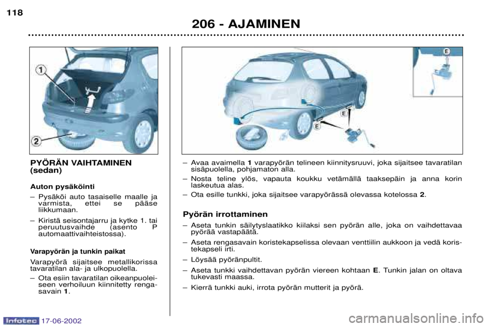PEUGEOT 206 2002 Omistajan Käsikirja (in Finnish) 17-06-2002
206 - AJAMINEN
118
PY…R€N VAIHTAMINEN (sedan) Auton pysŠkšinti
Ð PysŠkši auto tasaiselle maalle ja
varmista, ettei se pŠŠse liikkumaan.
Ð KiristŠ seisontajarru ja kytke 1. tai PEUGEOT 206 2002 Omistajan Käsikirja (in Finnish) 17-06-2002
206 - AJAMINEN
118
PY…R€N VAIHTAMINEN (sedan) Auton pysŠkšinti
Ð PysŠkši auto tasaiselle maalle ja
varmista, ettei se pŠŠse liikkumaan.
Ð KiristŠ seisontajarru ja kytke 1. tai