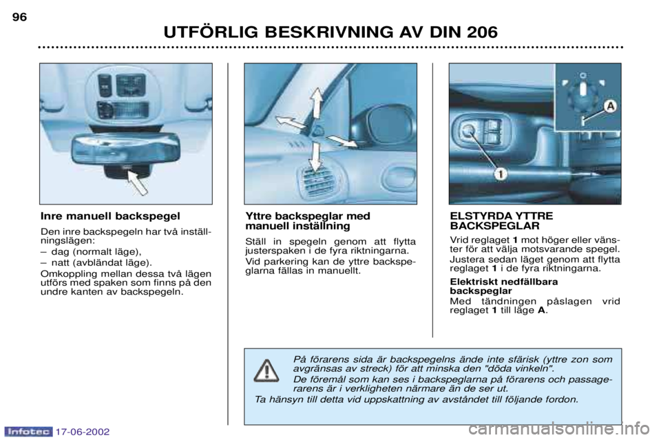 PEUGEOT 206 2002  Bruksanvisningar (in Swedish) 17-06-2002
UTF…RLIG BESKRIVNING AV DIN 206
96
Inre manuell backspegel Den inre backspegeln har tvŒ instŠll- ningslŠgen: 
Ð dag (normalt lŠge),
Ð natt (avblŠndat lŠge).Omkoppling mellan dessa