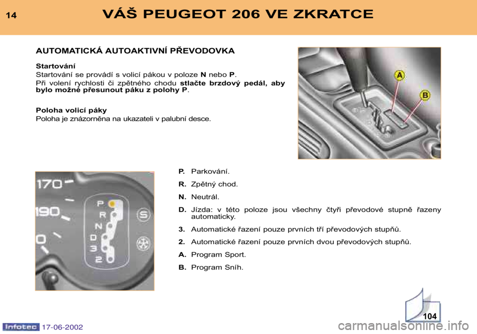 PEUGEOT 206 2002 Návod na použití (in Czech) 104
VÁŠ PEUGEOT 206 VE ZKRATCE14P.Parkování.
R. Zpětný chod.
N. Neutrál.
D. Jízda: v této poloze jsou všechny čtyři převodové stupně řazeny
automaticky.
3. Automatické řaze PEUGEOT 206 2002 Návod na použití (in Czech) 104
VÁŠ PEUGEOT 206 VE ZKRATCE14P.Parkování.
R. Zpětný chod.
N. Neutrál.
D. Jízda: v této poloze jsou všechny čtyři převodové stupně řazeny
automaticky.
3. Automatické řaze