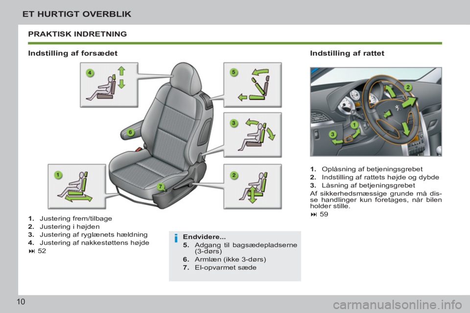 PEUGEOT 207 2011  Brugsanvisning (in Danish) i
10
ET HURTIGT OVERBLIK
  PRAKTISK INDRETNING 
 
 
Endvidere... 
 
   
5. 
  Adgang til bagsædepladserne 
(3-dørs) 
   
6. 
  Armlæn (ikke 3-dørs) 
   
7. 
 El-opvarmet sæde  
 
 
Indstilling af