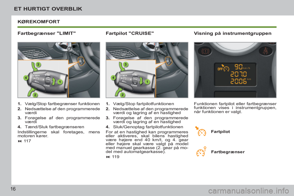 PEUGEOT 207 2011  Brugsanvisning (in Danish) 16
ET HURTIGT OVERBLIK
  KØREKOMFORT 
   
Fartbegrænser "LIMIT"    
Visning på instrumentgruppen 
 
 
 
1. 
  Vælg/Stop fartbegrænser funktionen 
   
2. 
  Nedsættelse af den programmerede 
vær