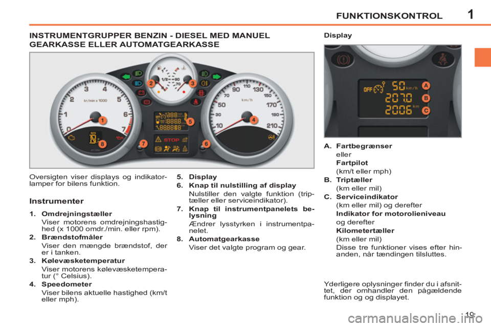 PEUGEOT 207 2011 Brugsanvisning (in Danish) 1FUNKTIONSKONTROL
19
INSTRUMENTGRUPPER BENZIN - DIESEL MED MANUEL
GEARKASSE ELLER AUTOMATGEARKASSE
Oversigten viser displays og indikator-
lamper for bilens funktion.
5.
Display
6.
PEUGEOT 207 2011 Brugsanvisning (in Danish) 1FUNKTIONSKONTROL
19
INSTRUMENTGRUPPER BENZIN - DIESEL MED MANUEL
GEARKASSE ELLER AUTOMATGEARKASSE
Oversigten viser displays og indikator-
lamper for bilens funktion.
5.
Display
6.