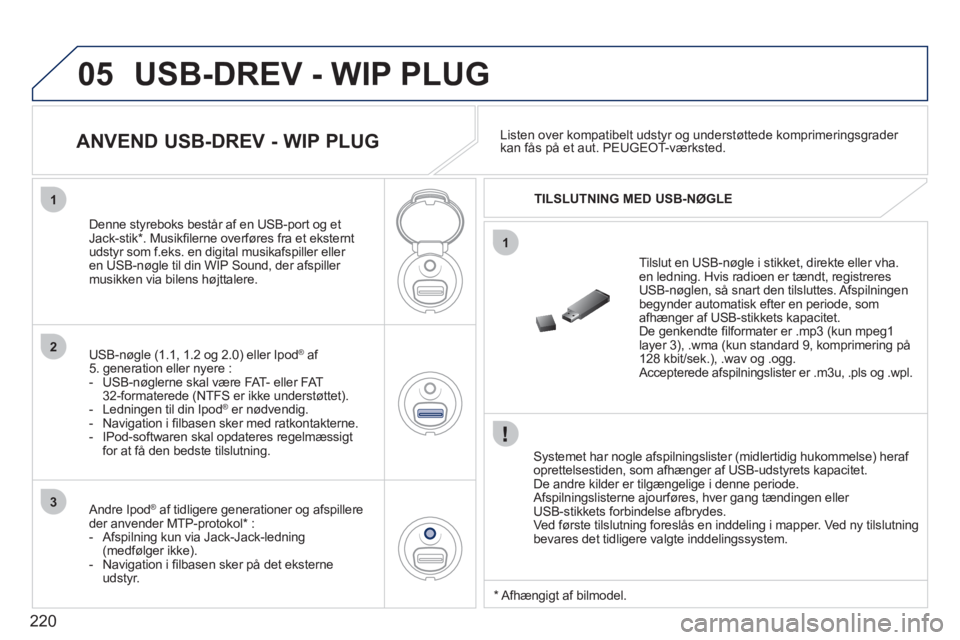 PEUGEOT 207 2011 Brugsanvisning (in Danish) 220
05
1
1
2
3
USB-DREV - WIP PLUG
Systemet har nogle afspilningslister (midlertidig hukommelse) heraf oprettelsestiden, som afhænger af USB-udstyrets kapacitet.
De andre kilder er tilgængel PEUGEOT 207 2011 Brugsanvisning (in Danish) 220
05
1
1
2
3
USB-DREV - WIP PLUG
Systemet har nogle afspilningslister (midlertidig hukommelse) heraf oprettelsestiden, som afhænger af USB-udstyrets kapacitet.
De andre kilder er tilgængel