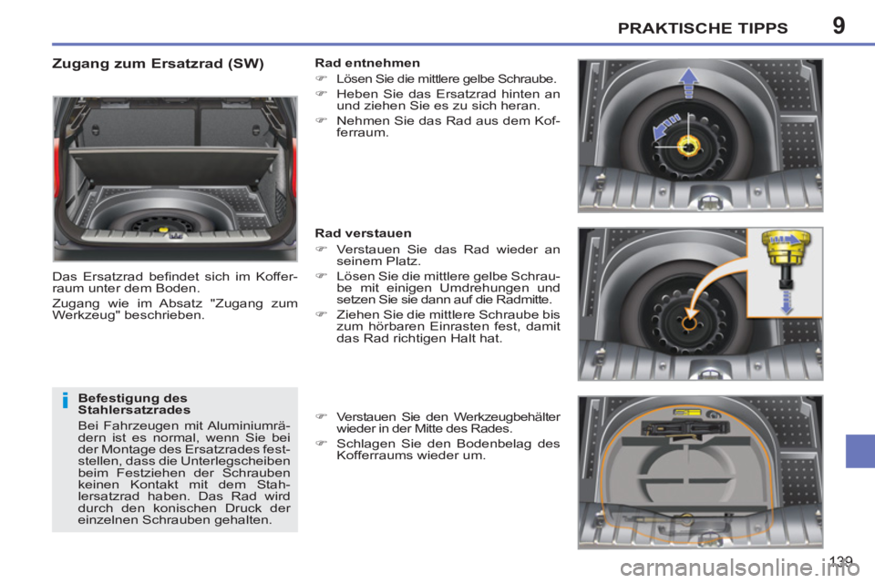 PEUGEOT 207 2011 Betriebsanleitungen (in German) 9
i
PRAKTISCHE TIPPS
139
Zugang zum Ersatzrad (SW)
Das Ersatzrad befi ndet sich im Koffer-
raum unter dem Boden.
Zugang wie im Absatz "Zugang zum
Werkzeug" beschrieben.
Befestigung de PEUGEOT 207 2011 Betriebsanleitungen (in German) 9
i
PRAKTISCHE TIPPS
139
Zugang zum Ersatzrad (SW)
Das Ersatzrad befi ndet sich im Koffer-
raum unter dem Boden.
Zugang wie im Absatz "Zugang zum
Werkzeug" beschrieben.
Befestigung de